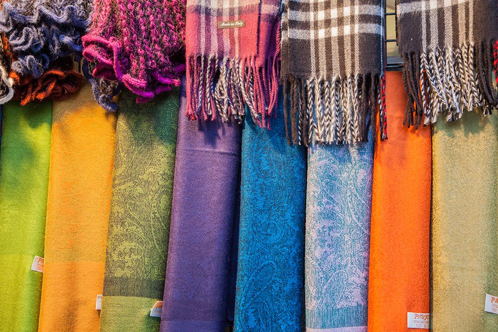 Italy-Venice Colorful scarfs on display and for sale along the streets of Venice art print by Julie Eggers for $57.95 CAD