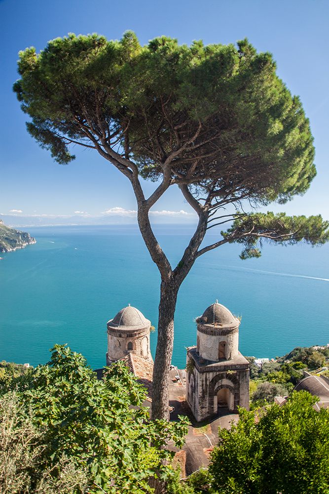 Italy-Campania-Ravello View of the Amalfi Coast and the towers of Villa Rufolo art print by Julie Eggers for $57.95 CAD