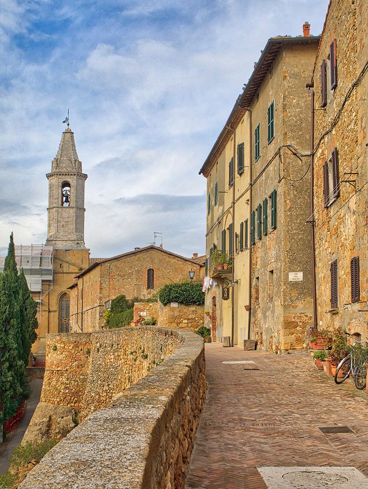 Italy-Tuscany-Pienza Walkway leading to the bell tower of the Pienza cathedral art print by Julie Eggers for $57.95 CAD