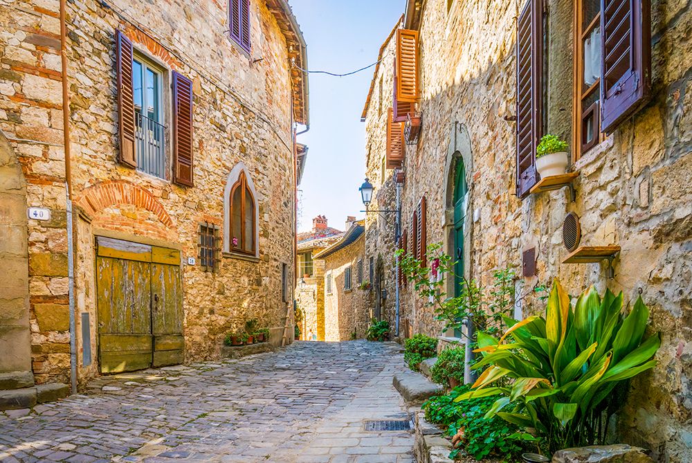 Greve in Chianti, Tuscany, Italy. ancient buildings on cobbled street showing stonework walls. art print by Murray McCallum for $57.95 CAD