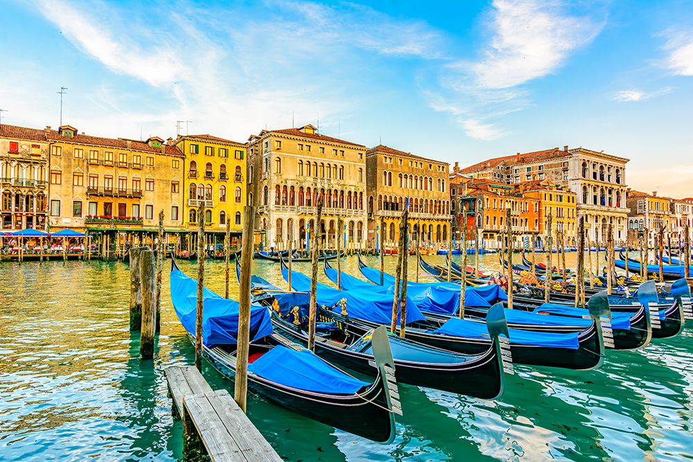 Grand Canal, Venice, Italy. medieval buildings and gondolas lining the canal at sunrise. art print by Murray McCallum for $57.95 CAD