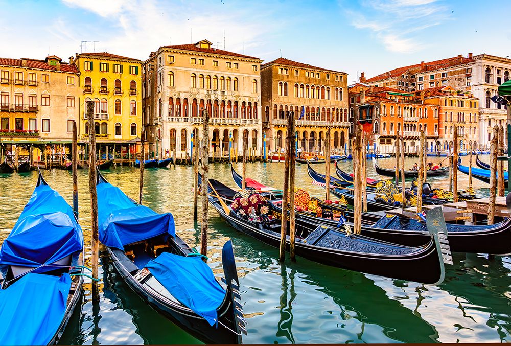 Grand Canal, Venice, Italy. medieval buildings and boats lining the canal at sunrise. art print by Murray McCallum for $57.95 CAD