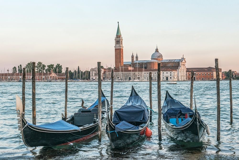 Italy-Venice Gondolas on the waterfront with San Giorgio Maggiore Church in the background art print by Rob Tilley for $57.95 CAD