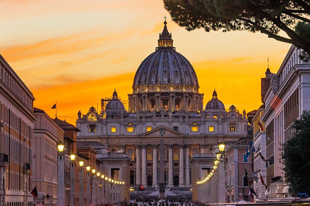 Orange sunset illuminated street lights-Via Della Conciliazione-Saint Peters Basilica-Vatican art print by William Perry for $57.95 CAD