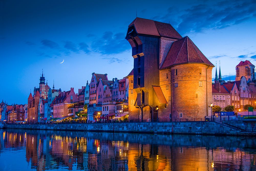 Europe-Poland-Gdansk Moon composite and city buildings reflecting in river at sunset art print by Jaynes Gallery for $57.95 CAD