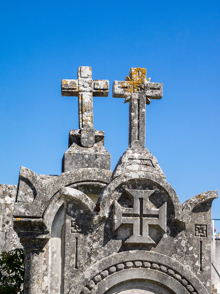 Cross at the top of an ancient gravestone in the cemetery at the Castelo de Ourem-Portugal art print by Julie Eggers for $57.95 CAD