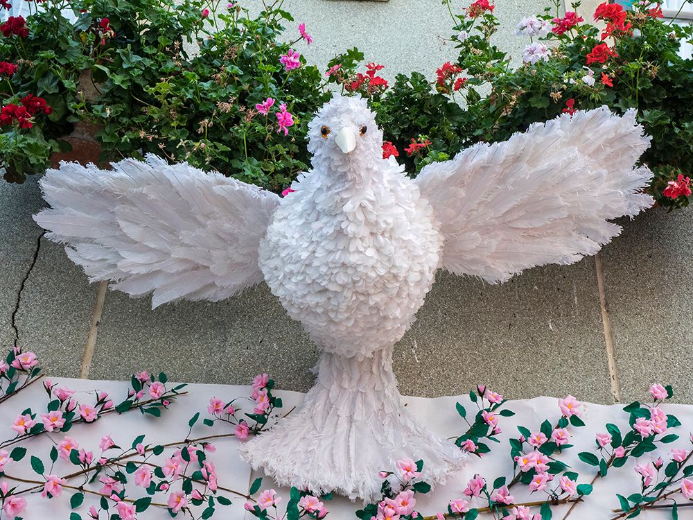 White dove made of feathers-symbolizing Holy Spirit Festa dos Tabuleiros celebration in Portugal art print by Julie Eggers for $57.95 CAD