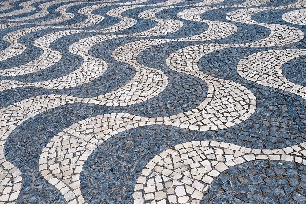 Cascais-Portugal Europe Typical Portuguese tiled sidewalk in black and white pattern art print by Julien McRoberts for $57.95 CAD