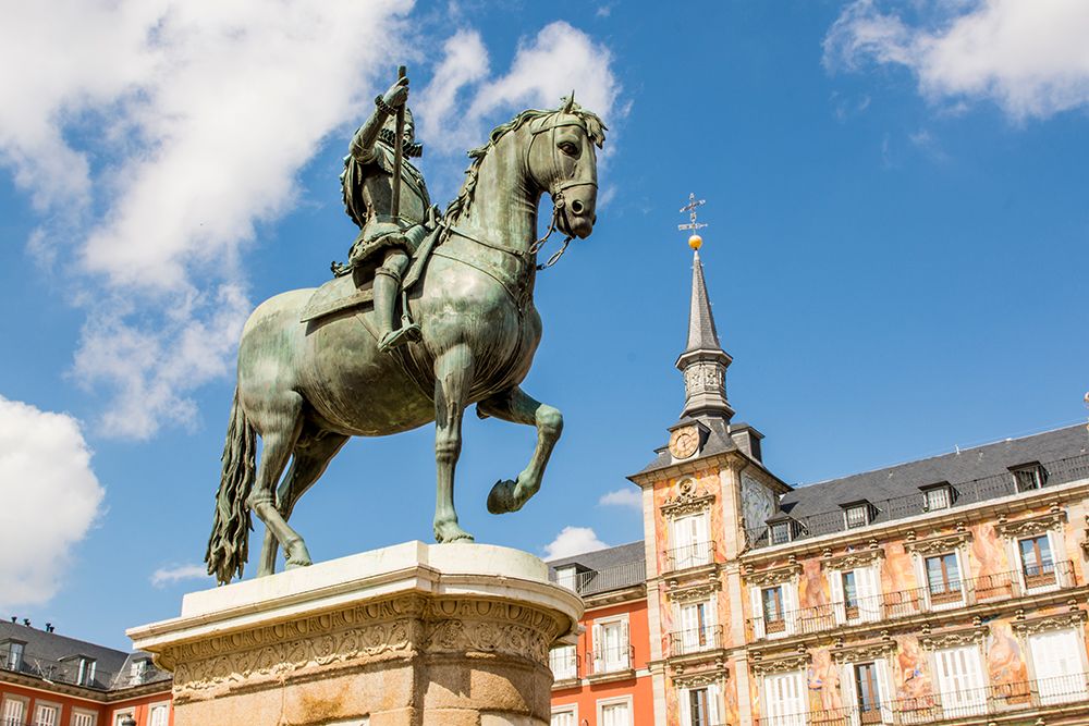 Philip III statue in Plaza Mayor and Casa de la Panaderia, Madrid, Spain. art print by Michael DeFreitas for $57.95 CAD