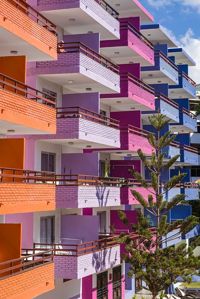 Spain-Canary Islands-Gran Canaria Island-Playa del Ingles-colorful balconies art print by Walter Bibikow for $57.95 CAD