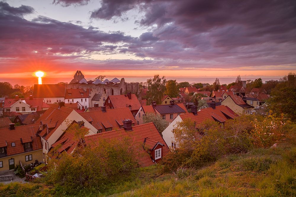 Sweden-Gotland Island-Visby-high angle city view-dusk art print by Walter Bibikow for $57.95 CAD