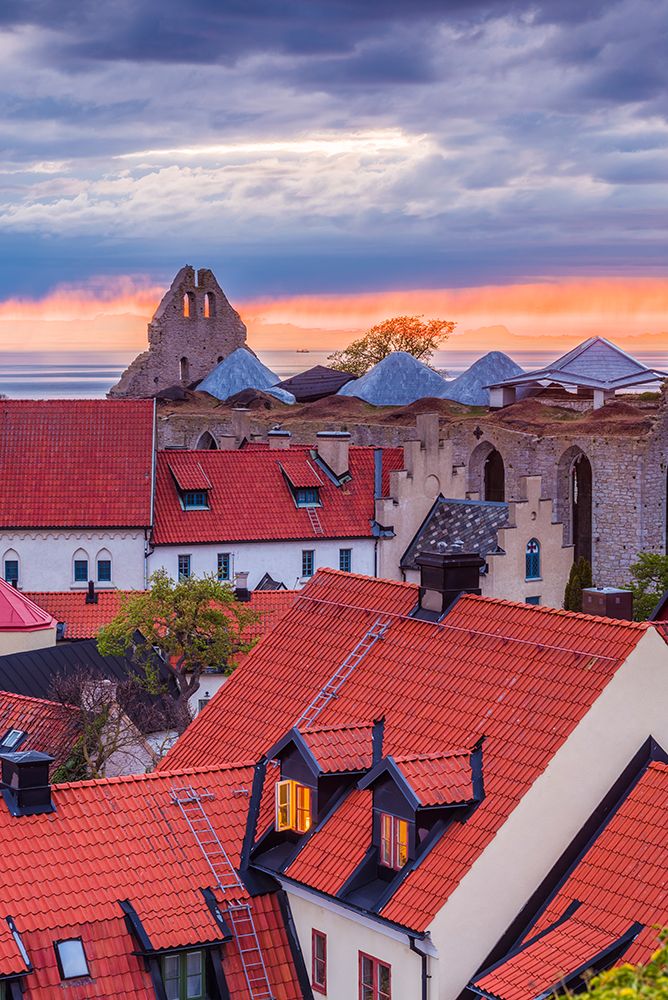 Sweden-Gotland Island-Visby-high angle city view-dusk art print by Walter Bibikow for $57.95 CAD
