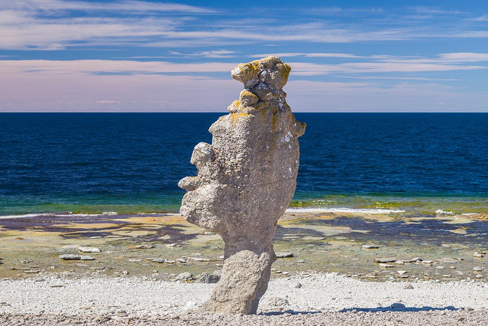 Sweden-Faro Island-Langhammars Area-Langhammar coastal limestone rauk rock art print by Walter Bibikow for $57.95 CAD