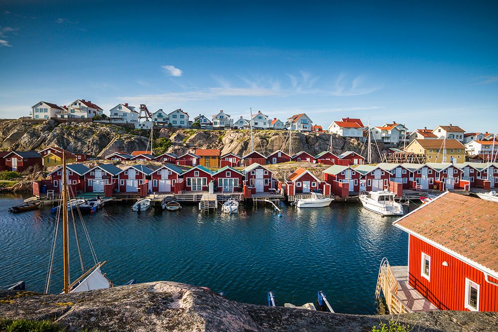 Sweden-Bohuslan-Smogen-Smogenbryggan-antique boat houses and fishing shacks art print by Walter Bibikow for $57.95 CAD