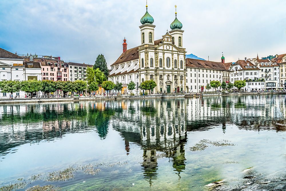 Jesuit Church Inner Harbor reflection-Lucerne-Switzerland. art print by William Perry for $57.95 CAD