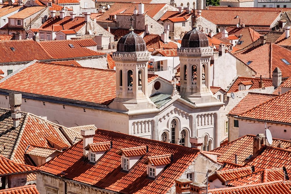 Croatia Dalmatia Dubrovnik Church among red terra cotta tile roofs in the old town of Dubrovnik art print by Emily Wilson for $57.95 CAD