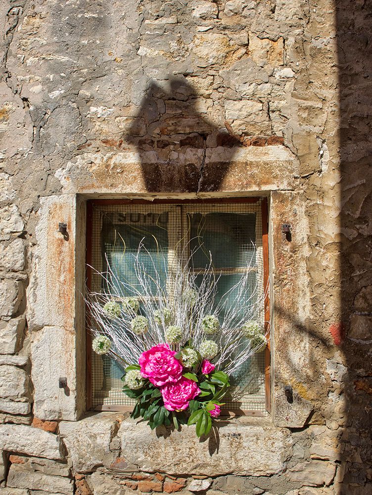 Croatia-Rovinj-Istria. Colorful bouquet of flowers decorate an old window. art print by Julie Eggers for $57.95 CAD