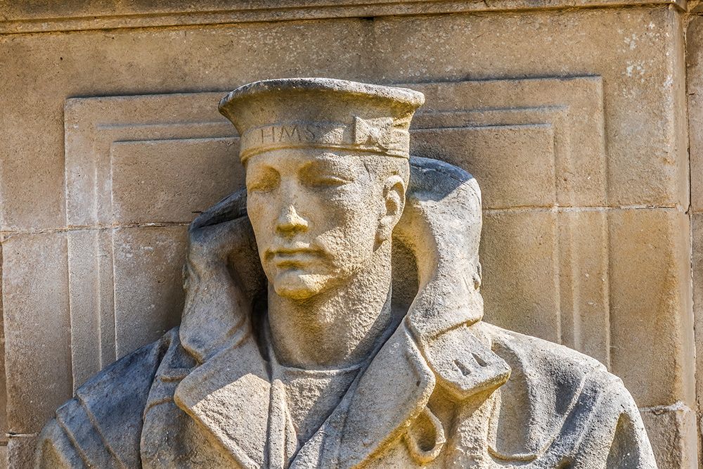 Naval sailor statue, Plymouth Naval Memorial, Devon, England. Hoe Park facing ocean. art print by William Perry for $57.95 CAD