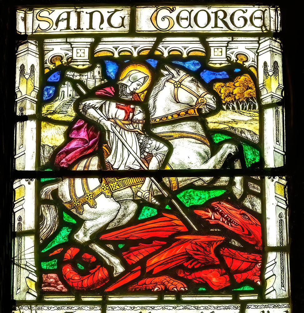 St. George and the Red Dragon stained glass, St. Petroc Church, Dartmouth, Devon, England. art print by William Perry for $57.95 CAD