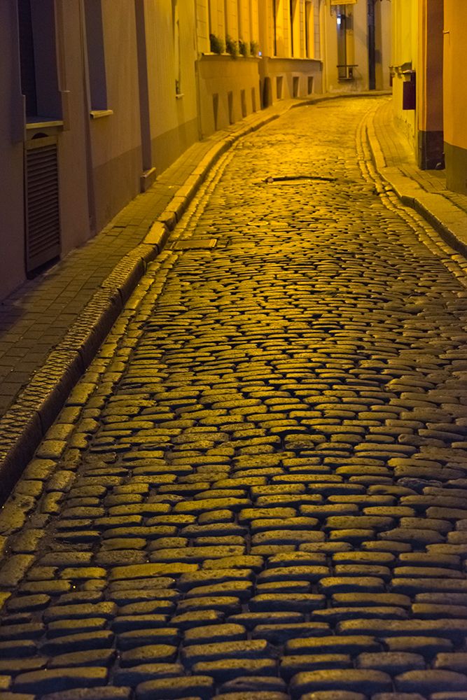 Night view of cobblestone street in the old town-Riga-Latvia art print by Keren Su for $57.95 CAD