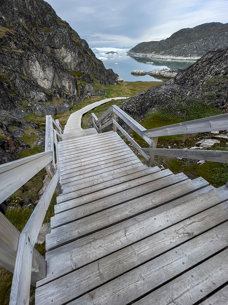 Greenland, Ilulissat, Disko Bay. Wooden walkway leading to Ilulissat Ice Fjord, Sermermiut Trail. art print by Cindy Miller Hopkins for $57.95 CAD