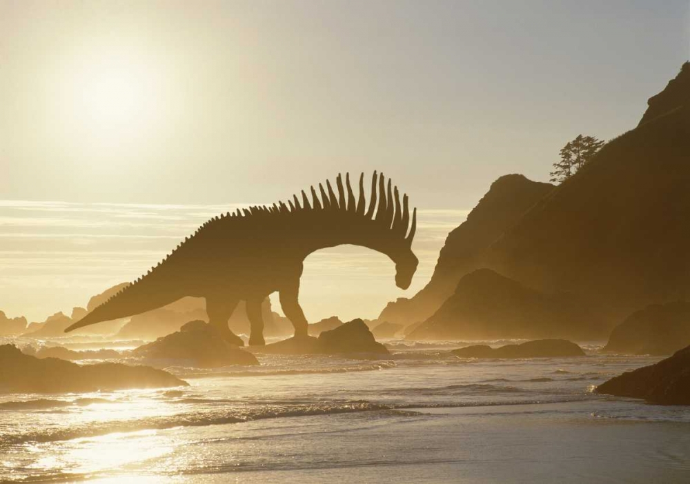 Concept of Amargasaurus dinosaur on ocean shore art print by Jim Zuckerman for $57.95 CAD