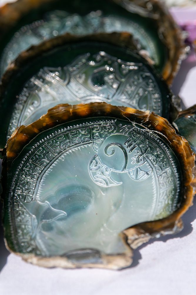 South Pacific, French Polynesia, Gambier Islands, Island of Mangareva, Rikitea. Carved oyster shell art print by Cindy Miller Hopkins for $57.95 CAD