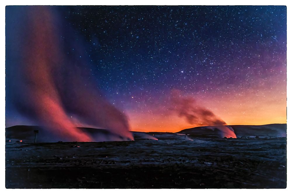 Bolivia. Landscape view of geyser fields in Bolivias Sol de Manana with Milky Way above. art print by Murray McCallum for $57.95 CAD