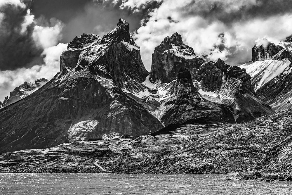 Black and white Large Pehoe Lake Lago Paine Horns three granite peaks-Torres del Paine National Par art print by William Perry for $57.95 CAD