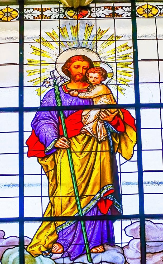 Colorful Saint Joseph Father Baby Jesus Lily Stained glass Cathedral Puebla-Mexico  art print by William Perry for $57.95 CAD