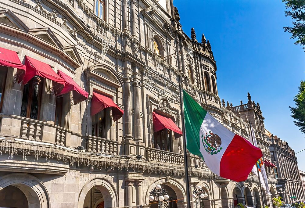 Mexican Flag Major Shopping Street Government Buildings Hotel Zocalo-Puebla-Mexico art print by William Perry for $57.95 CAD