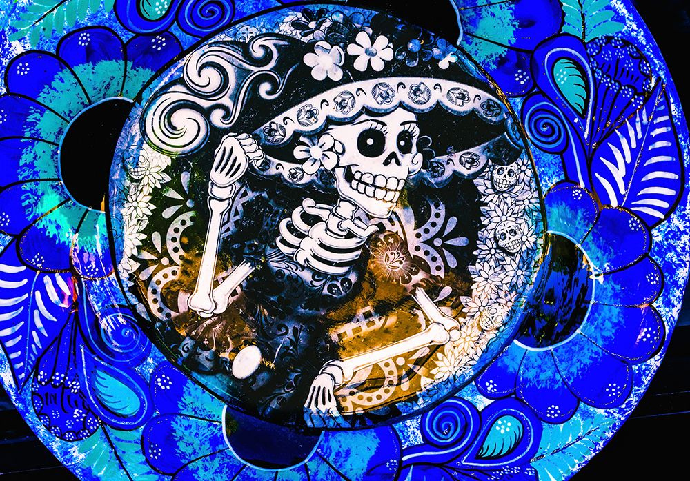 Colorful Mexican ceramic-Day of the Dead skeleton blue plate handicraft Los Cabos-Cabo San Lucas-Me art print by William Perry for $57.95 CAD