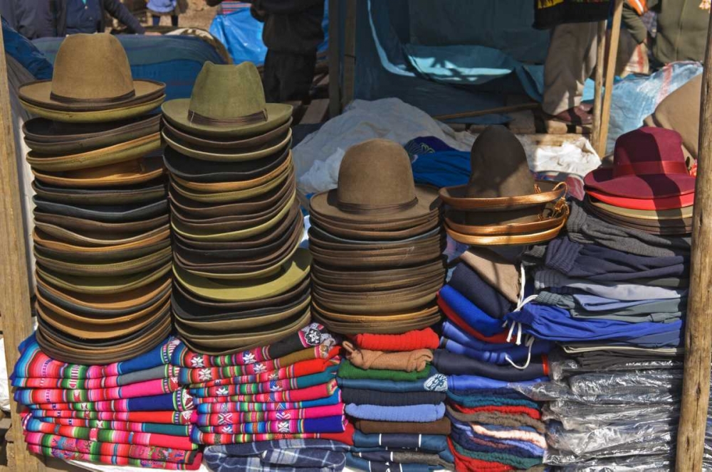 Peru, Pisac, Hats and clothes for sale at market art print by Dennis Kirkland for $57.95 CAD