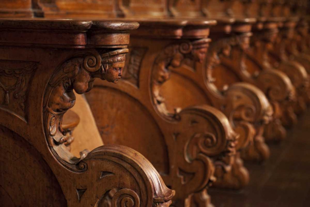 Peru, Lima, Detail of wood seats in the cathedral art print by Wendy Kaveney for $57.95 CAD
