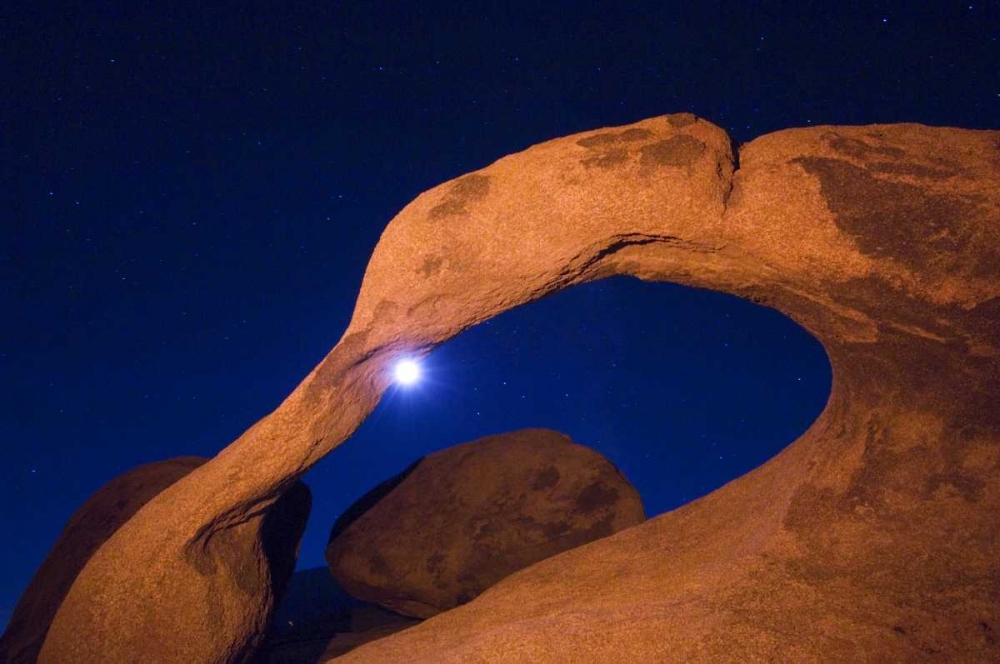 CA, Alabama Hills rock arch and moon at night art print by Dennis Kirkland for $57.95 CAD