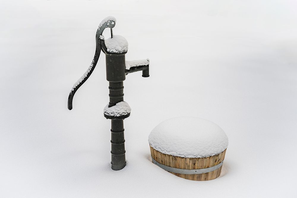 Water pump and barrel in snow, Green Valley Lake, California, USA art print by Russ Bishop for $57.95 CAD