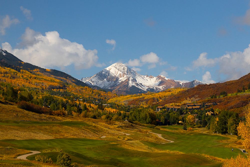 Snowmass golf course with view of Mt Daly in autumn art print by Mallorie Ostrowitz for $57.95 CAD