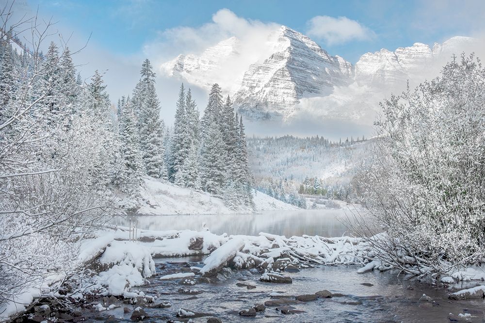 Winter comes to the maroon bells near Aspen Colorado in the Rocky Mountains art print by Steve Mohlenkamp for $57.95 CAD