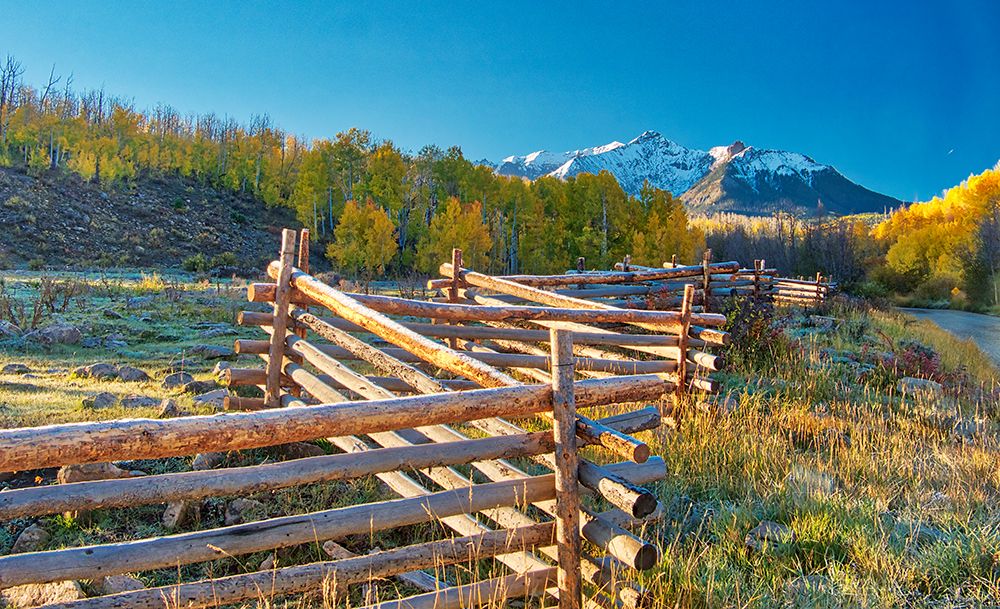 Colorado-Quray Dallas Divide-sunrise on the Mt Snaffles with autumn colors and split rail fence art print by Terry Eggers for $57.95 CAD