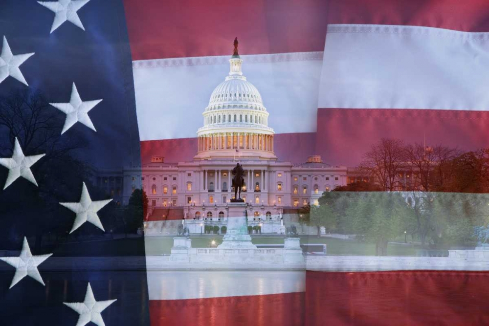 Washington DC, US flag over US Capitol buildings art print by Dennis Flaherty for $57.95 CAD