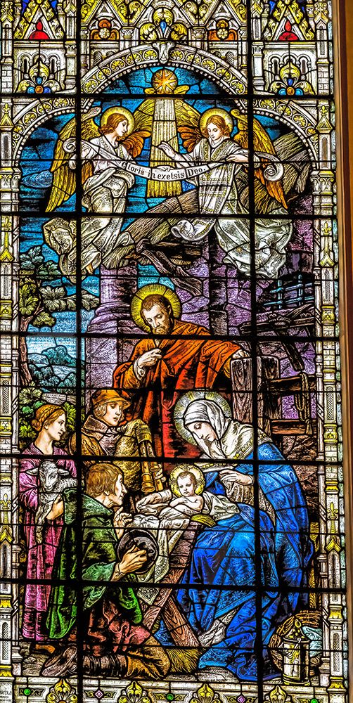 Jesus-Joseph-Mary-Nativity stained glass-Gesu Church-Miami-FL. Glass by Franz Mayer. art print by William Perry for $57.95 CAD