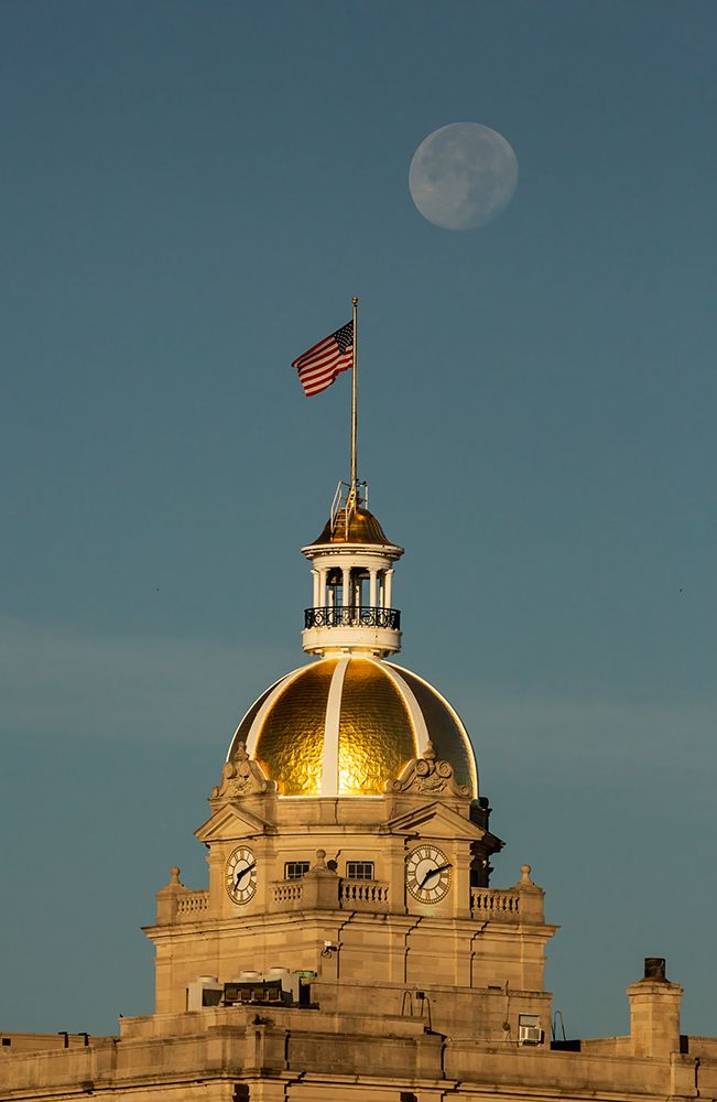 USA- Georgia- Savannah. Moon setting over gold dome at City Hall. art print by Joanne Wells for $57.95 CAD