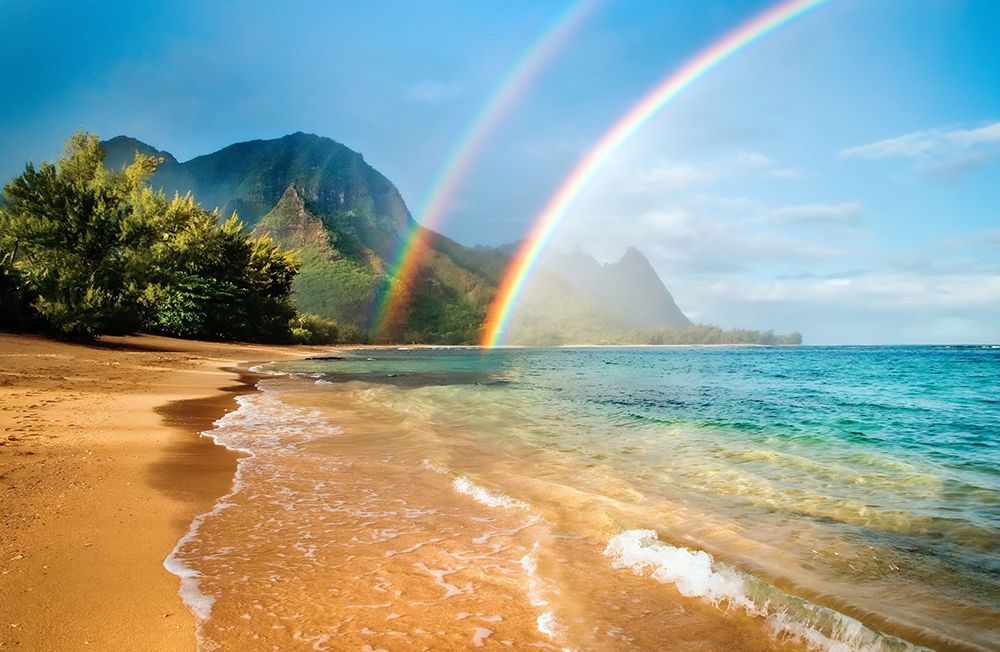 A double rainbow over the coastline of a Hawaiian island Haena-Kauai-Hawaii art print by Design Pics for $57.95 CAD