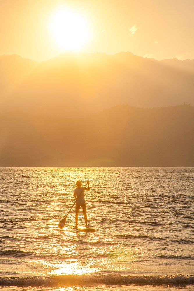 Hawaii-Kauai-Hanalei bay with paddle boarder at sunset art print by Sylvia Gulin for $57.95 CAD