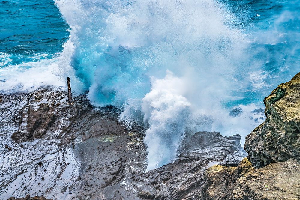 Halona Blowhole Lookout-Oahu-Hawaii. Waves roll in rock formation shoots sea spray in the air art print by William Perry for $57.95 CAD