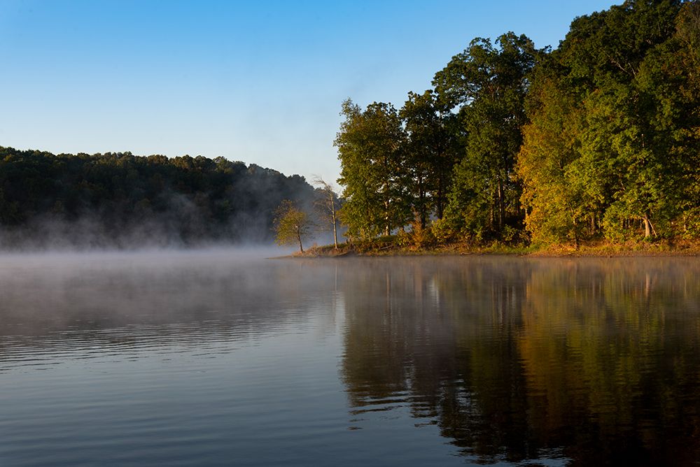 Fog-covered Little Grassy Lake at sunrise in Giant City State Park, part of Shawnee National Forest art print by Alan Klehr for $57.95 CAD