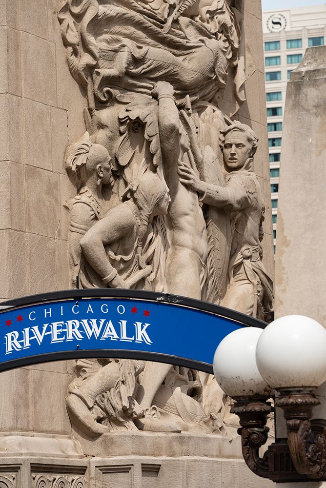 Riverwalk signage along the Chicago River in downtown Chicago with Michigan Avenue bas-relief art print by Alan Klehr for $57.95 CAD
