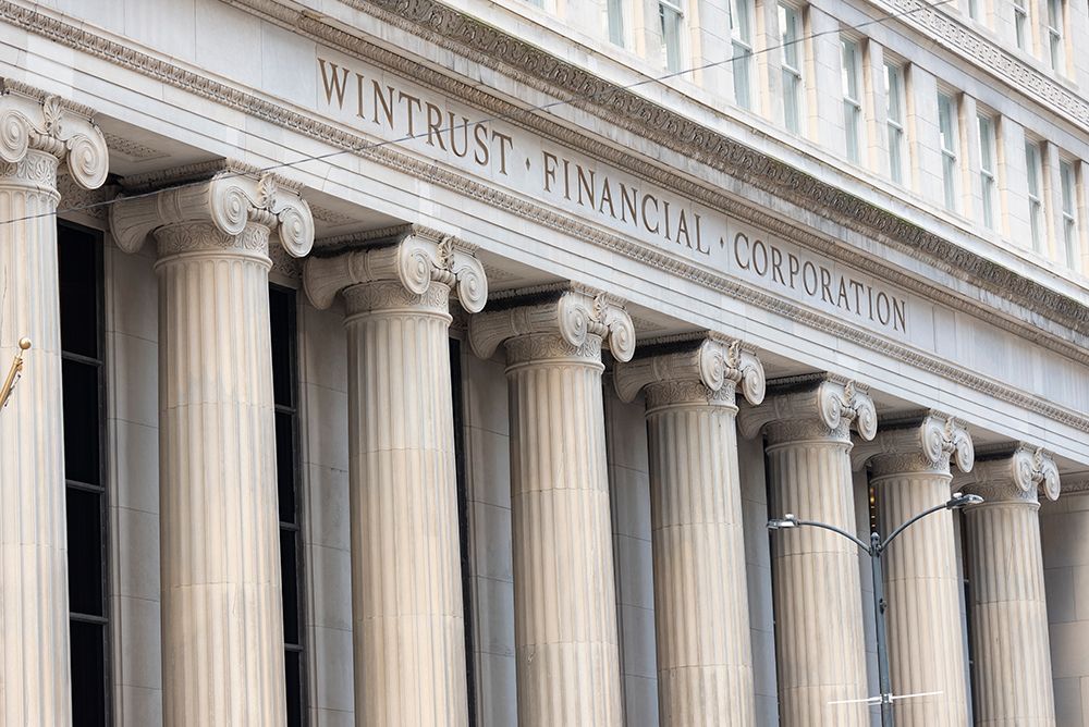 Columns of Wintrust Bank on LaSalle Street in Chicagos Loop, financial district. art print by Alan Klehr for $57.95 CAD
