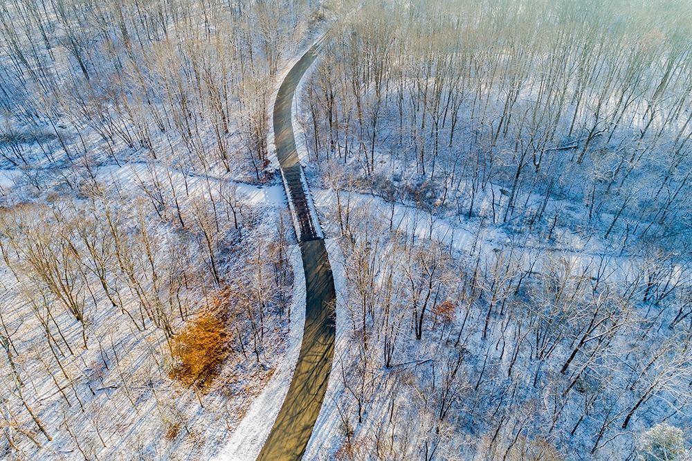 Aerial view of forest and road after snowfall in winter Stephen A Forbes State Recreation Area art print by Richard and Susan Day for $57.95 CAD