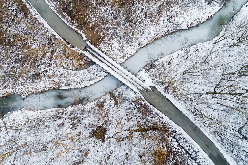 Aerial view of winter forest-bridge-and creek Stephen A Forbes State Park-Marion County-Illinois art print by Richard and Susan Day for $57.95 CAD